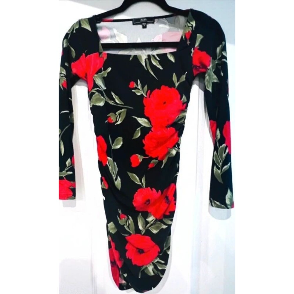 Vibe Sportswear Red Rose Floral Bodycon Dress Size Small Long Sleeve